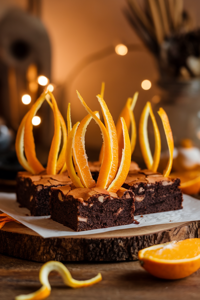 Indoor image of brownies with thin strips of candied orange peel standing upright like flickering flames; warm indoor lighting, no text or logos
