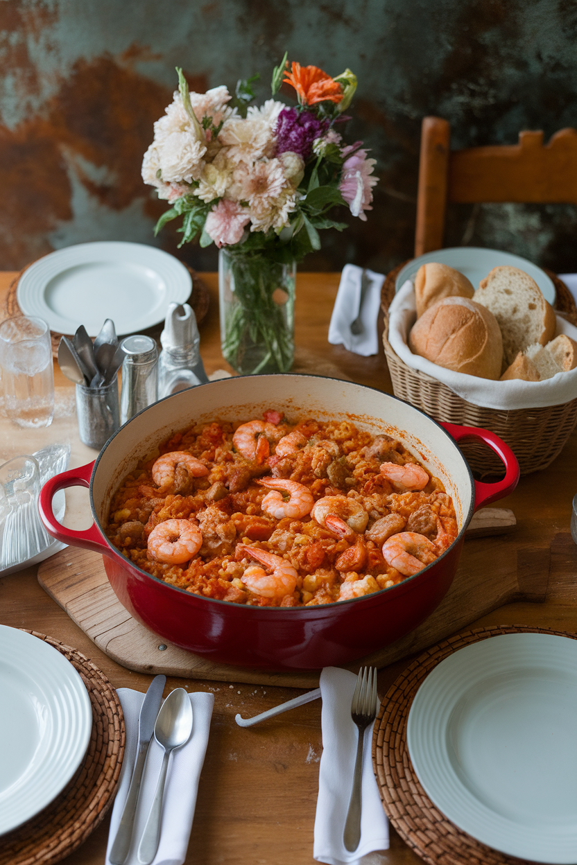 Indoor dining table with a Dutch oven of tomato-tinged jambalaya studded with shrimp, chicken, and sausage, no text or logos. Photo.