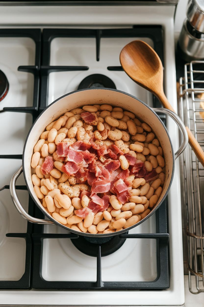 Indoor stovetop pot of butter beans simmering with bacon pieces and pepper, no text or logos. Photo.