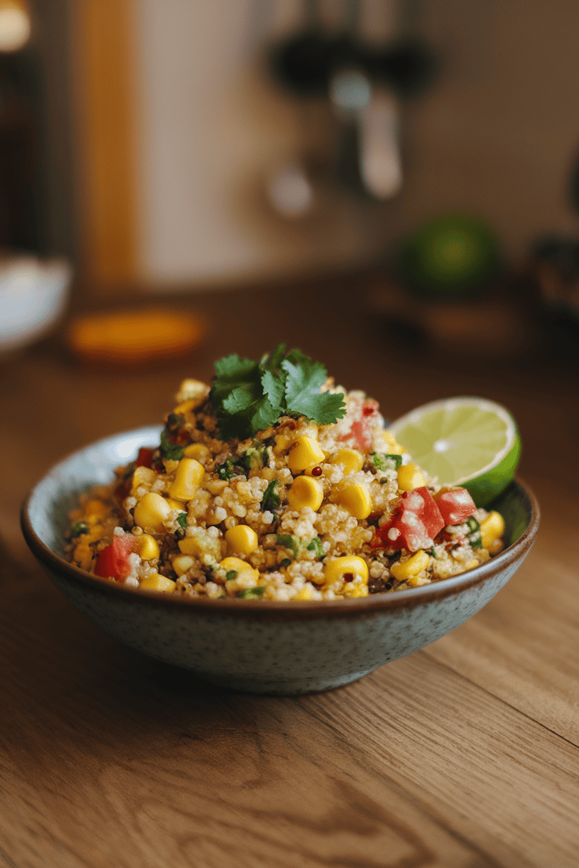 Indoor dining table shot of quinoa mixed with roasted sweet corn, diced poblano, tomatoes, and cilantro, lime wedges on side; no logos.