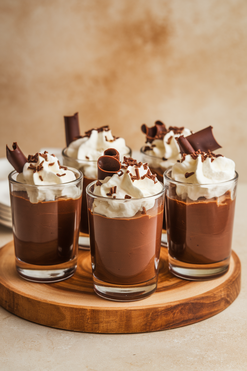 Indoor dessert shooter glasses filled with dark chocolate coffee pudding, topped with whipped cream and chocolate curls. Photo, no text or logos.