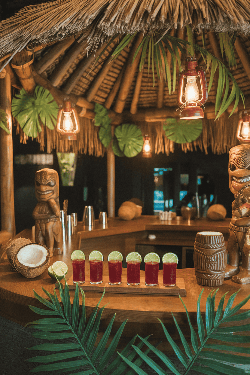Indoor tiki-style bar with deep red strawberry jello shots garnished with a lime wheel, no branding visible