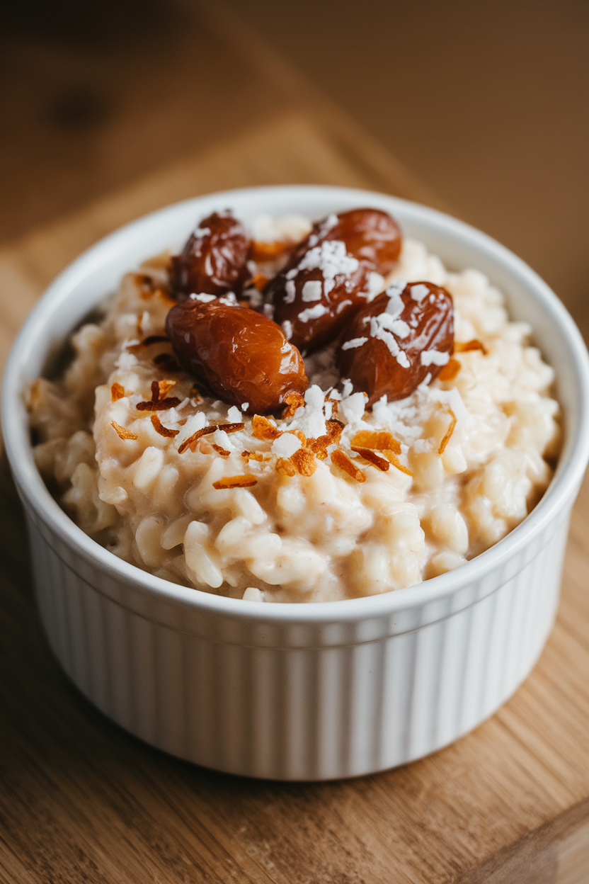 Photo of an indoor ramekin filled with creamy rice pudding topped with chopped dates and toasted coconut; no text or logos