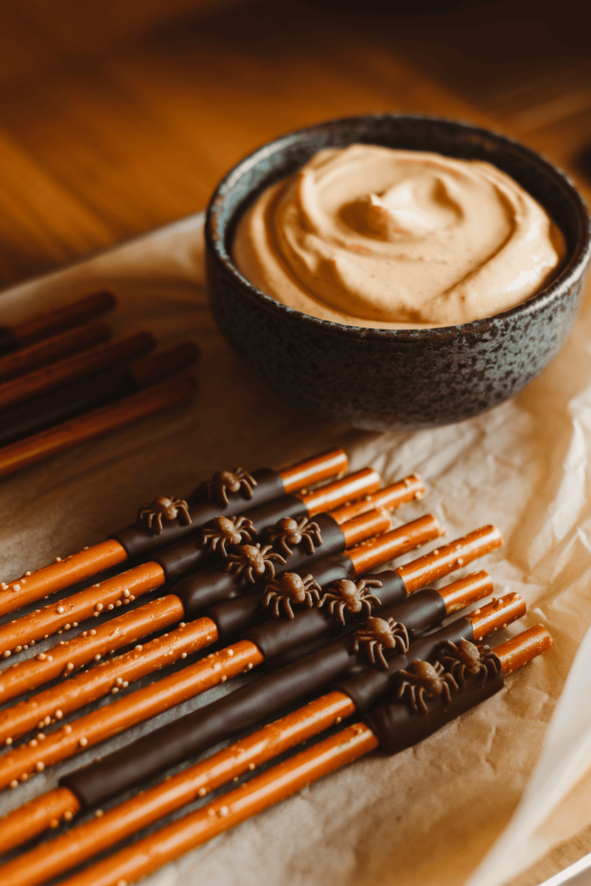 Warm indoor image of pretzel rods dipped halfway in dark chocolate sprinkled with tiny candy spiders, lined up on parchment beside a bowl of pumpkin spice yogurt dip. No text or logos.