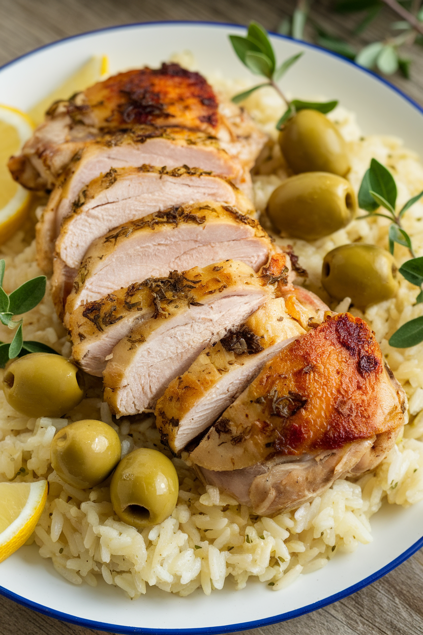 Indoor image of sliced roasted chicken thighs on lemony rice with green olives and oregano sprigs. No text or logos.