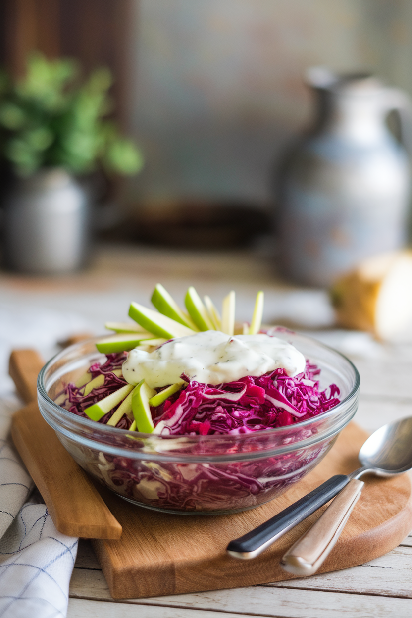 Indoor photo of a bowl of colorful slaw showing shredded red cabbage, green apple matchsticks, and a creamy white kefir dressing. Bright yet soft light, no text or logos.