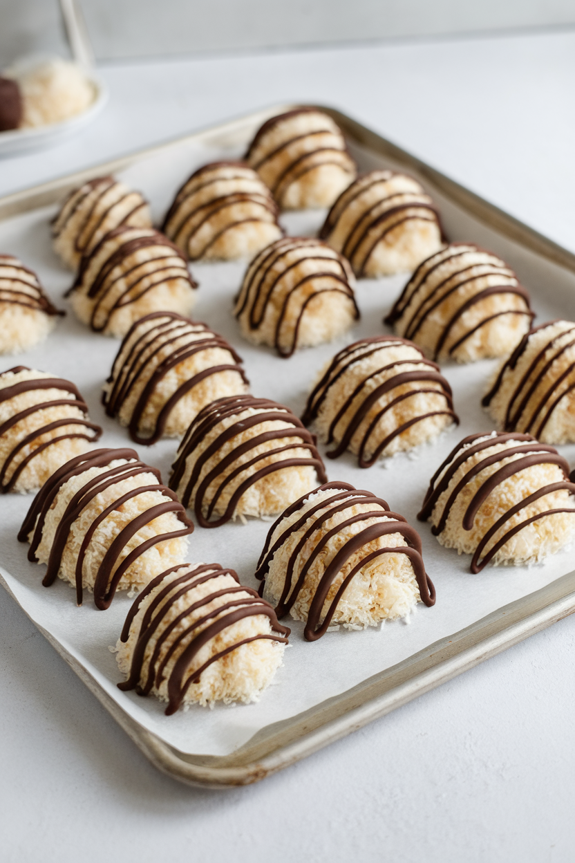 An indoor cookie sheet with snowy domes of coconut macaroons drizzled in dark chocolate crescent shapes. Photo only, no text or logos.