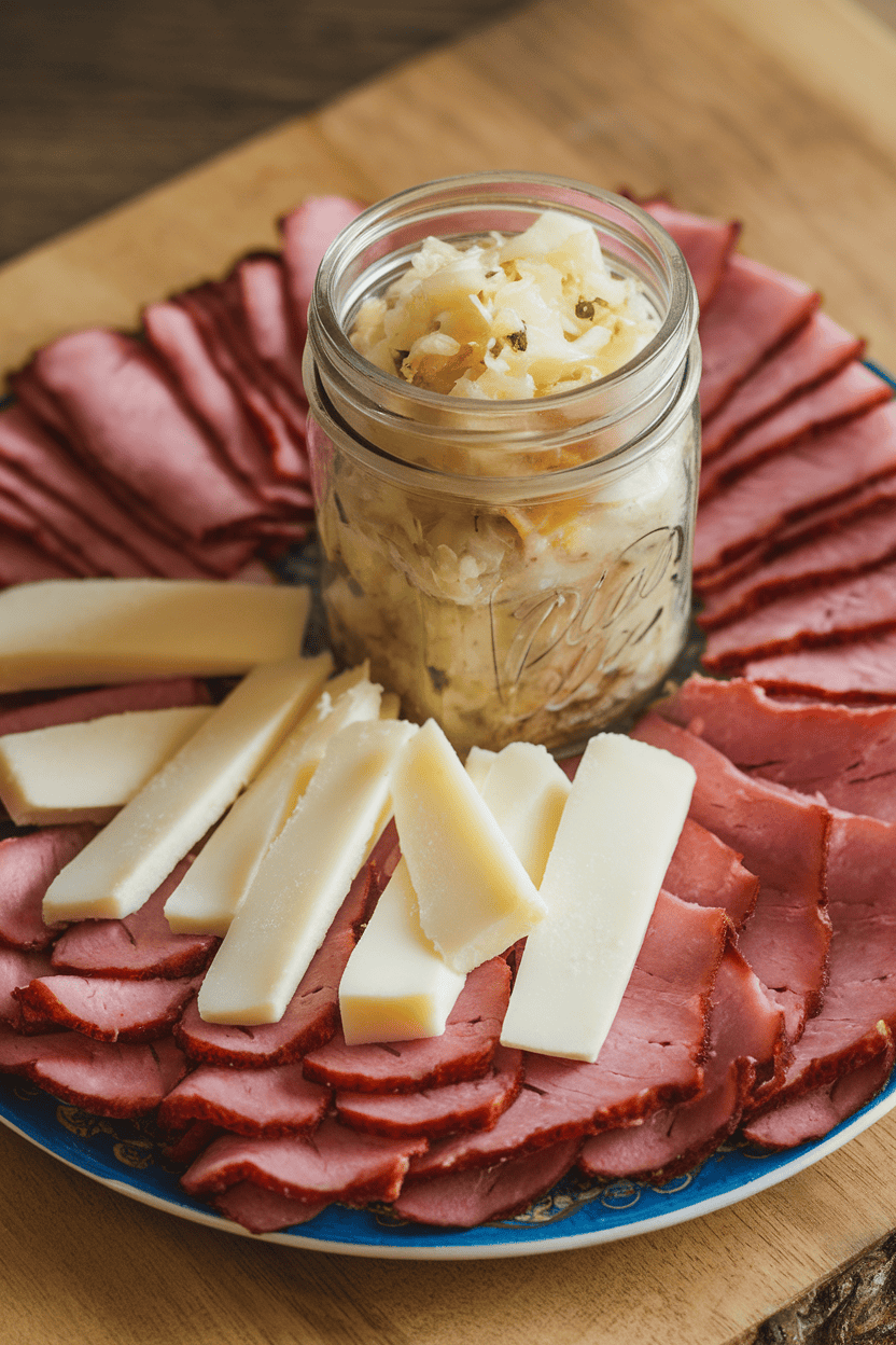 Indoor photo of lean pastrami ribbons, diced Swiss cheese, and a mini mason jar of sauerkraut salad; no text or logos.