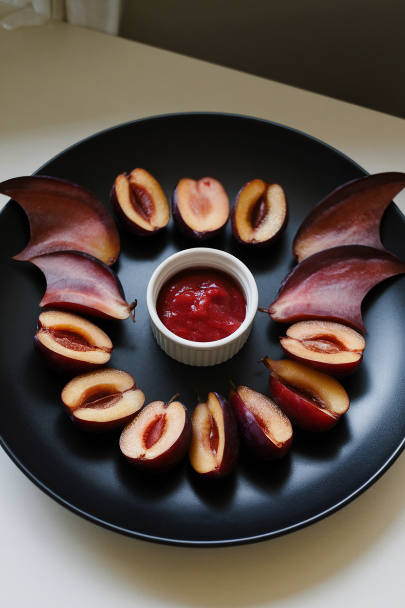 A black plate indoors where halved plums with pointed cuts form bat wings around a center ramekin of strawberry sauce. No text or logos.