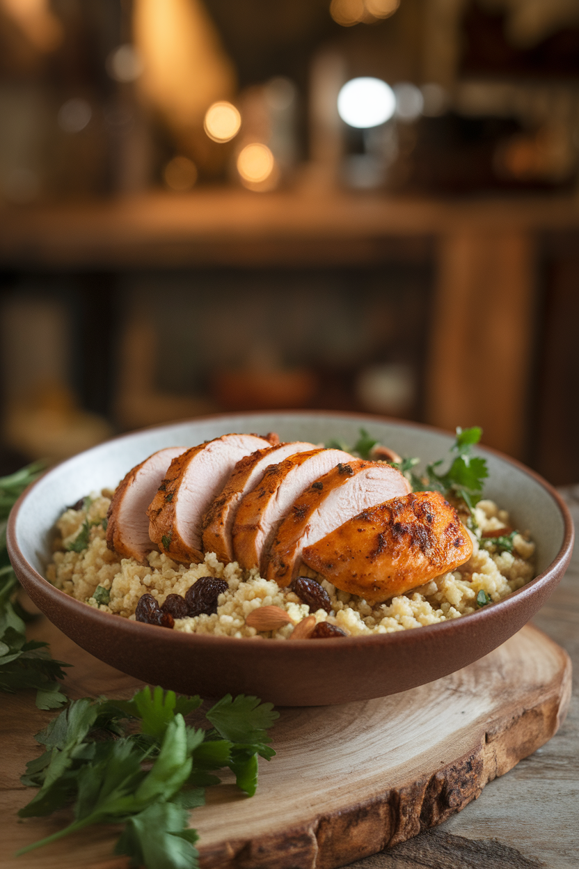 Indoor bowl of sliced Moroccan-spiced chicken breast over couscous with raisins and almonds, warm lighting. No logos. Photo.