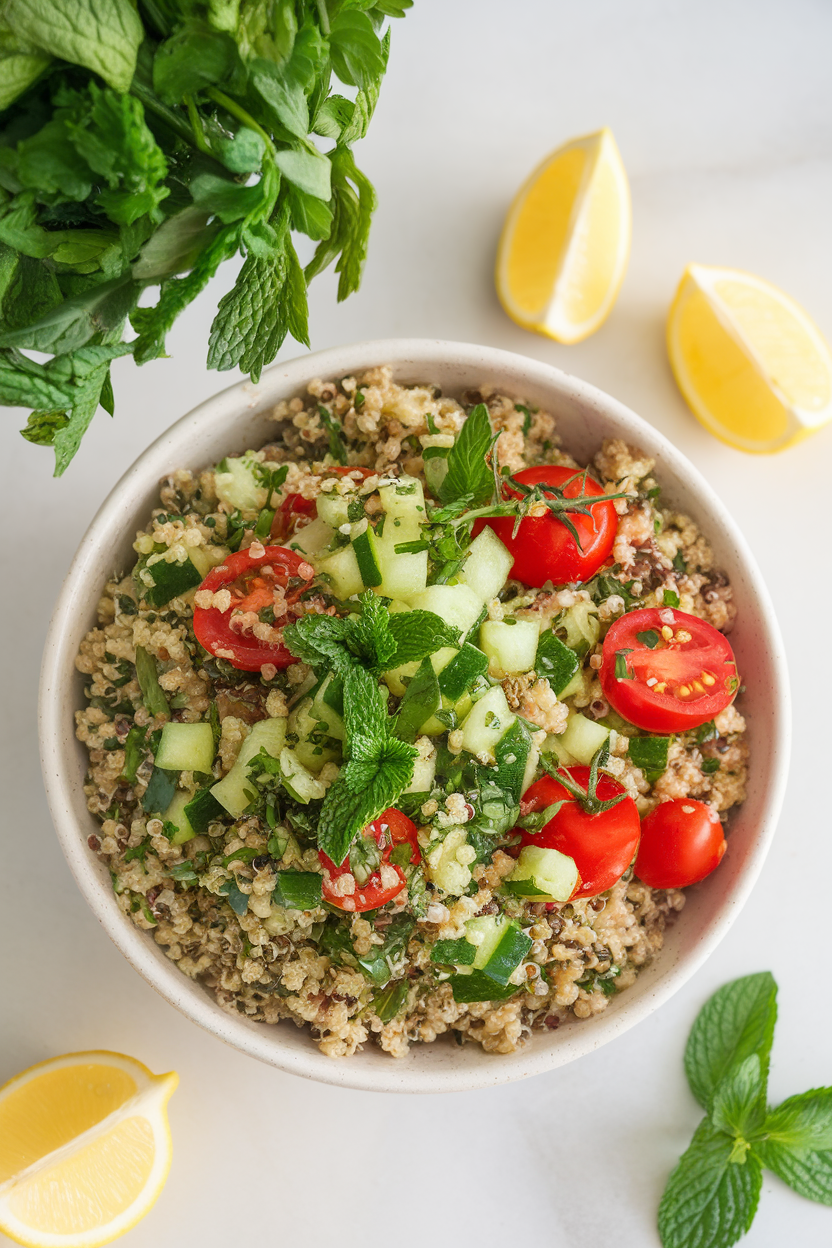 A bright indoor tabletop photo featuring a shallow bowl of quinoa tabbouleh packed with parsley, mint, diced cucumber, and cherry tomatoes, lemon wedges nearby, no text or logos.