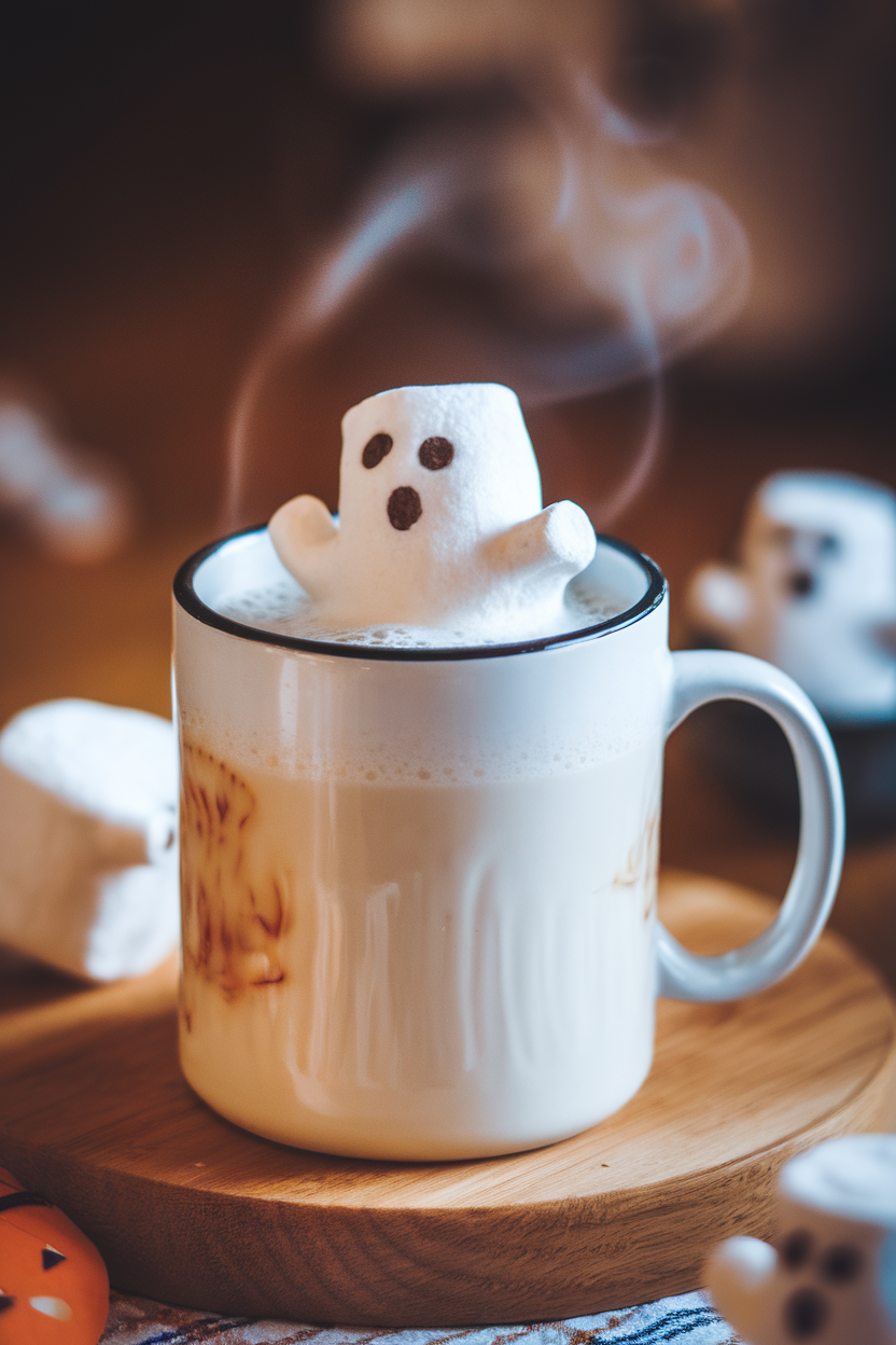 Indoor photo of steaming milk in a white mug with a single jumbo marshmallow shaped like a ghost floating on top. No text or logos.