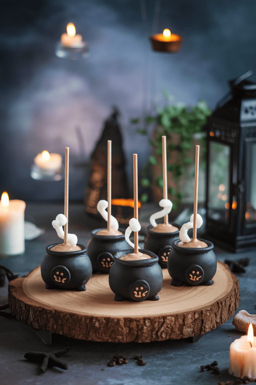 Small black cauldron-shaped cake pops with spiced chai interior and wisps of white candy “steam,” indoor mystical backdrop; no logos or text. Photo.