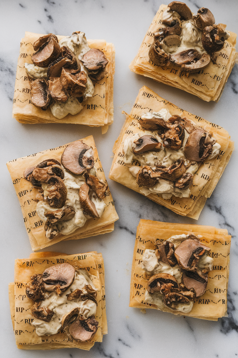 A marble indoor serving tray with flaky phyllo rectangles printed with light knife scores reading “RIP,” filled with creamy truffle mushroom mix. No text or logos visible. Photo, not illustration.