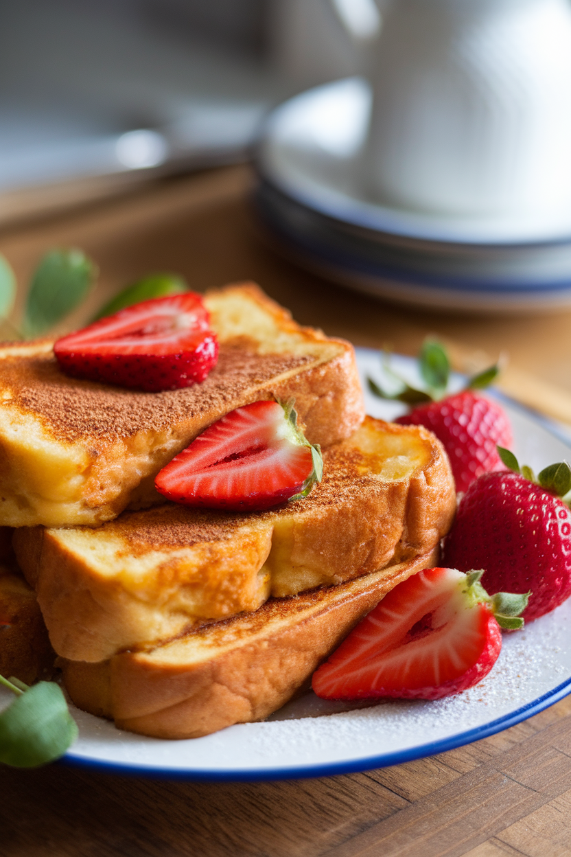Indoor plate of golden French toast slices dusted with cinnamon sugar and fresh strawberries. No logos or text present.