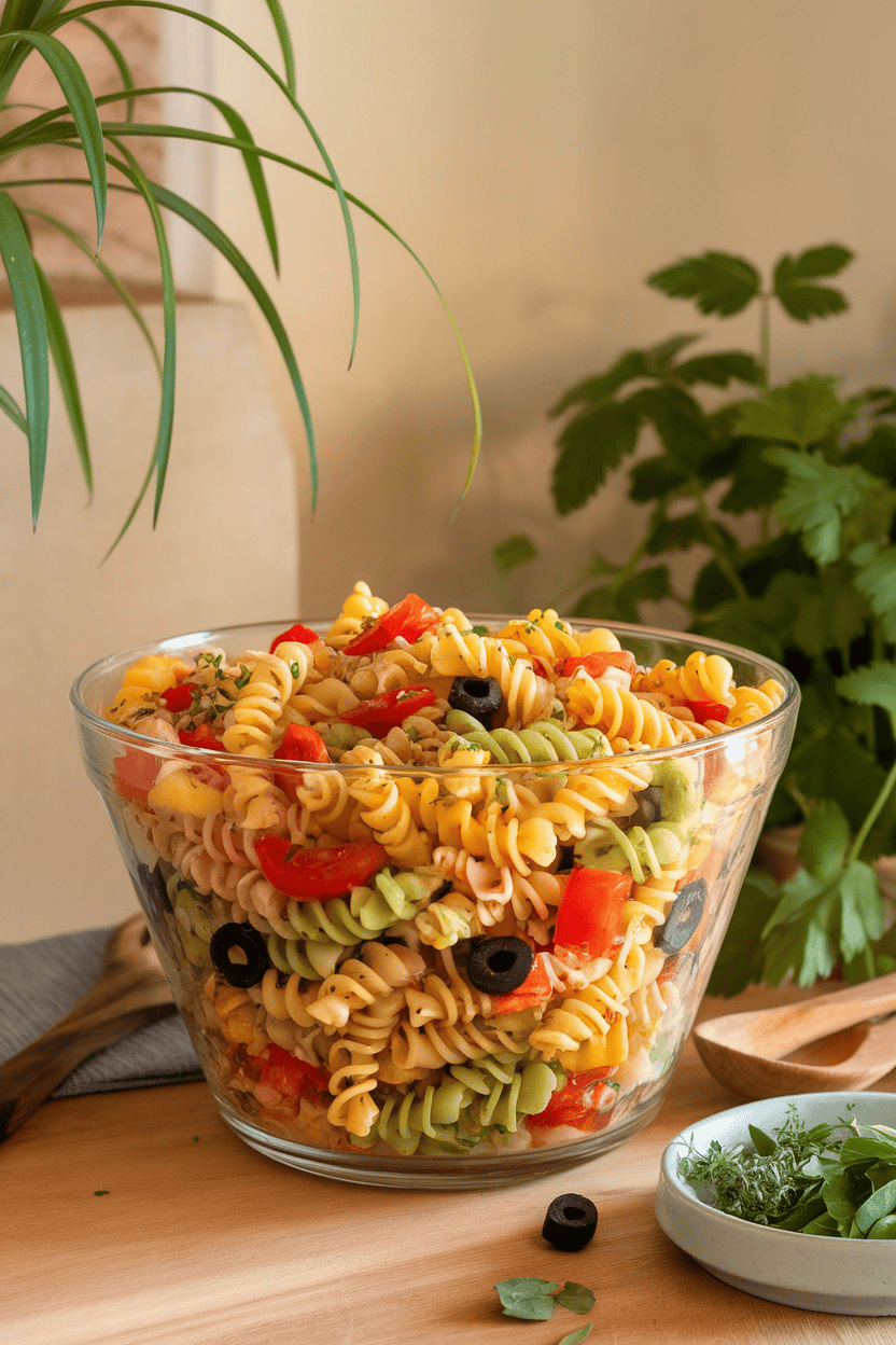 A softly lit indoor dining table holding a large glass bowl of tri-color rotini tossed with cherry tomatoes, black olives, diced bell peppers, and herb-flecked Italian dressing. No text or logos; photo only.