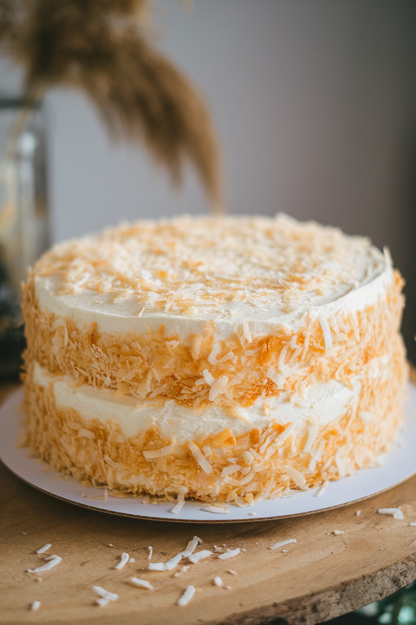 A coconut layer cake indoors, frosted in whipped coconut cream and completely coated with shredded coconut flakes, photographed close-up. Photo only, no text or logos.