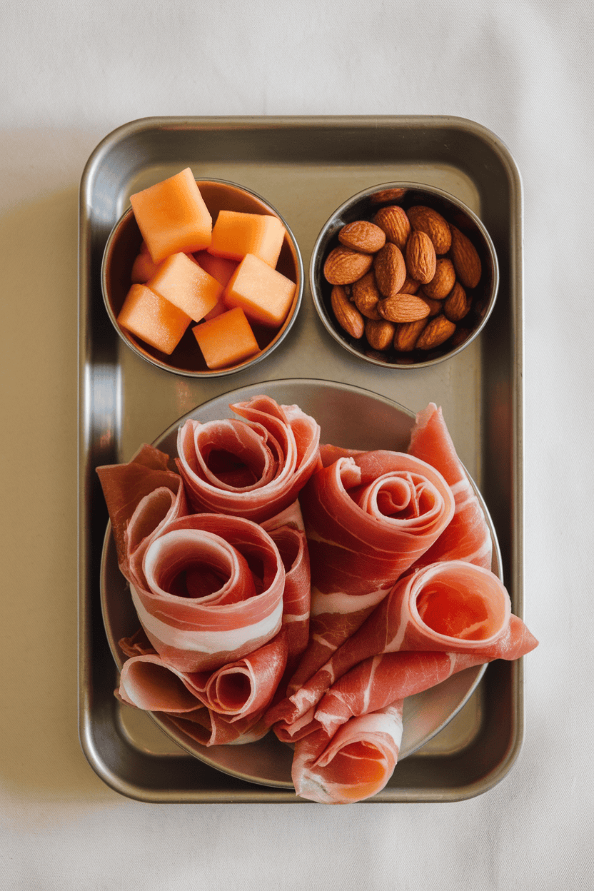 Photo shot indoors of thin prosciutto ribbons folded next to cantaloupe cubes and a small pile of roasted almonds in a lunch tray; no text or logos.