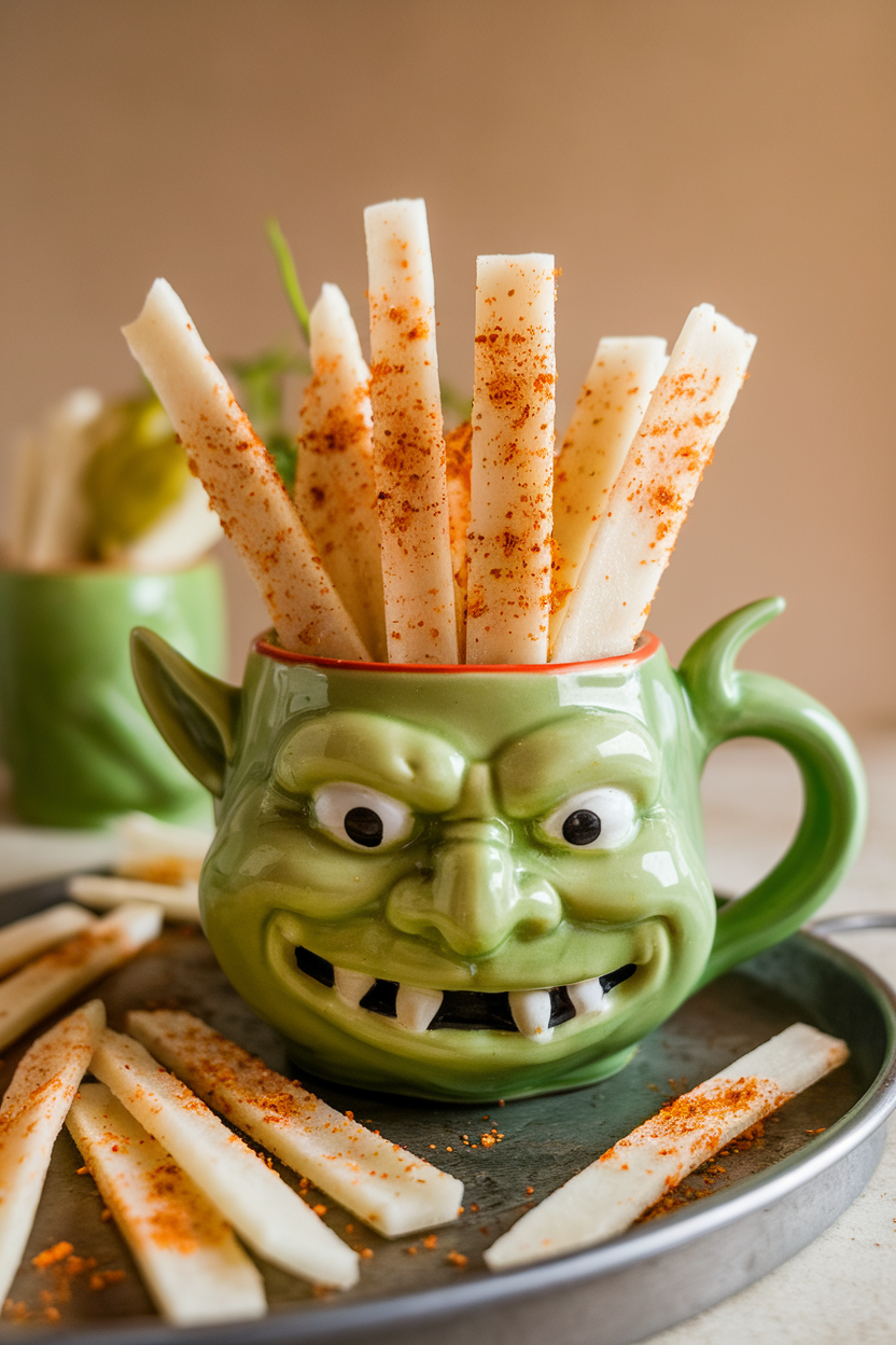 Indoor photo of pale jicama batons dusted with chili-lime seasoning, presented in a green goblin-shaped mug, extra sticks scattered around on a tray. No text or logos.