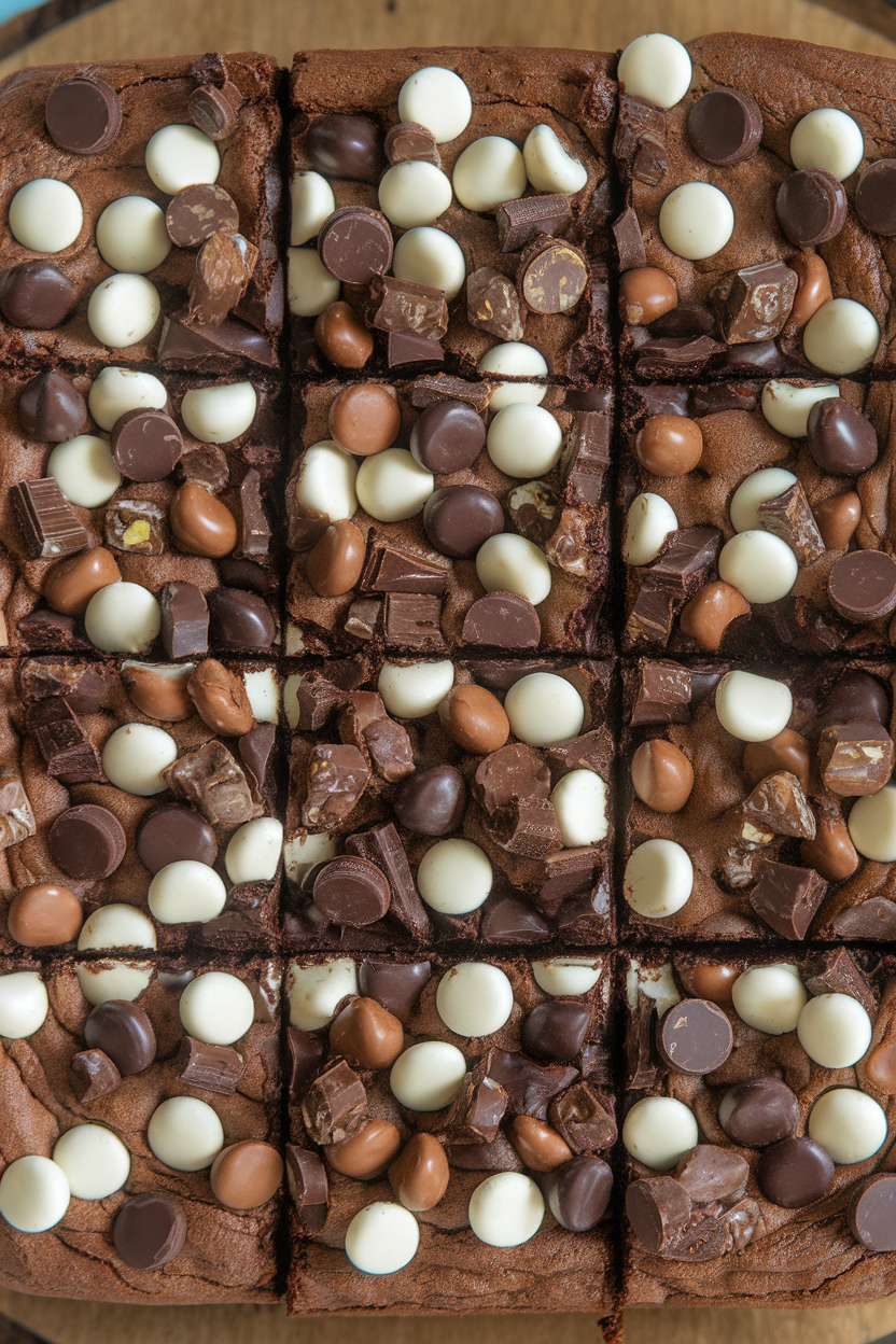 Indoor shot of chunky brownies loaded with milk, dark, and white chocolate chunks resembling a cobblestone path; no text or logos