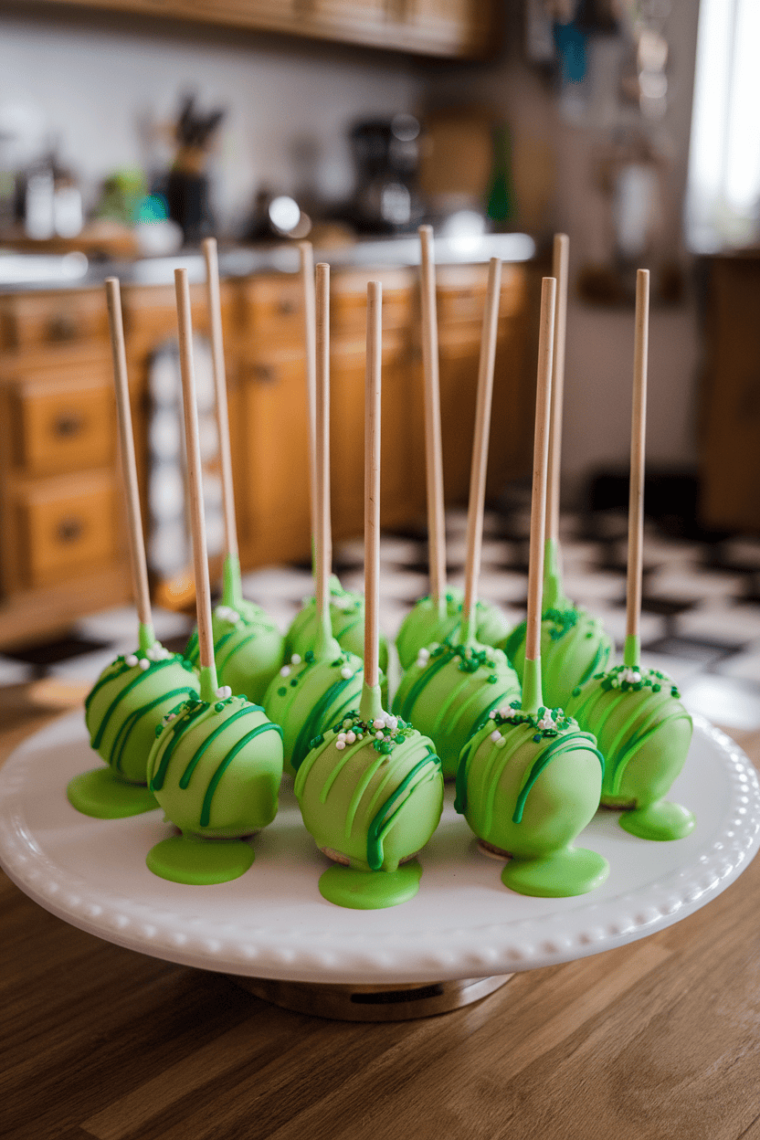 Neon green drippy-coated cake pops oozing slightly over a white platter in a kitchen; no text or logos. Photo.