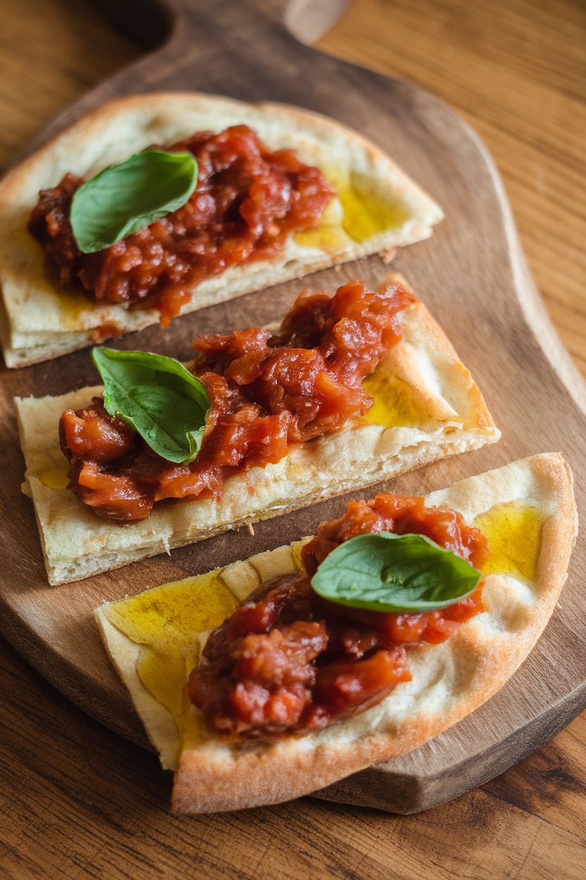 Photo of sliced flatbread topped with caponata, basil, and a drizzle of olive oil on an indoor wooden board; no text or logos.