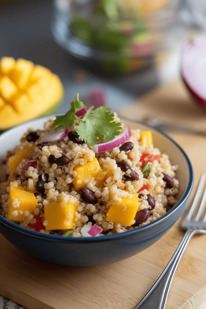 Indoor photo of a bowl of quinoa salad featuring mango cubes, black beans, red onion, and cilantro, no text or logos.
