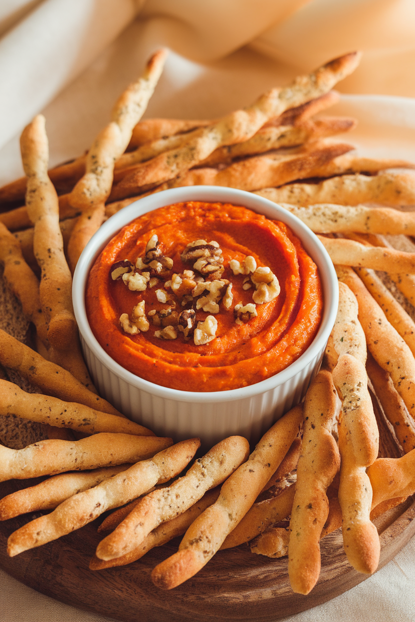 A softly lit indoor bowl of vibrant roasted red pepper dip topped with crushed walnuts, surrounded by crunchy breadsticks. No text or logos. Photo, not illustration.