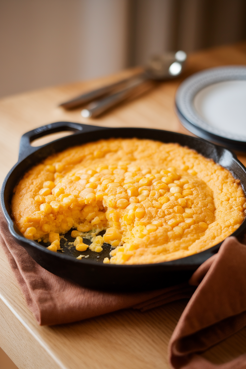 Wooden indoor table showing a cast-iron skillet of golden corn pudding with a spoonful missing, revealing creamy interior studded with corn kernels. Photo, no text or logos.
