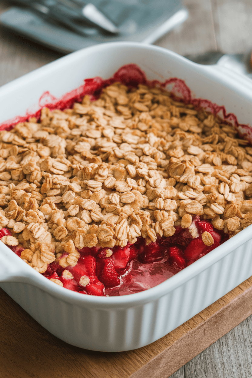Indoor photo of bubbling strawberry rhubarb crumble in a white baking dish, oat topping golden, no text or logos