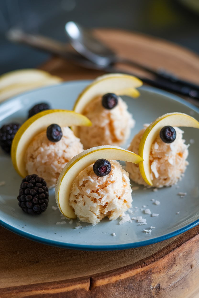 An indoor dessert plate with coconut macaroon shapes draped in thin pear slices, blackberry eyes staring from each. No text or logos.