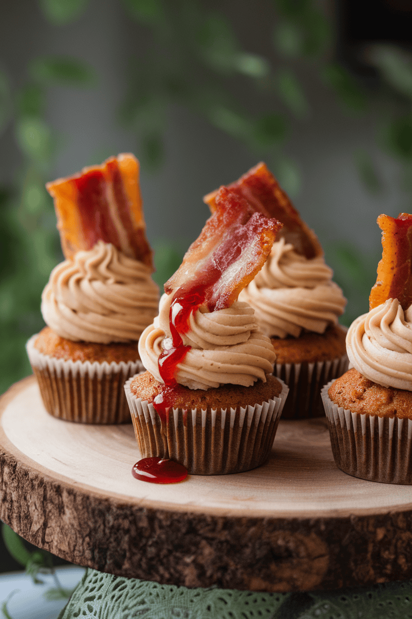 Indoor photo of maple cupcakes with red jelly filling oozing out of two puncture marks and a shard of candied bacon on top; no text or logos