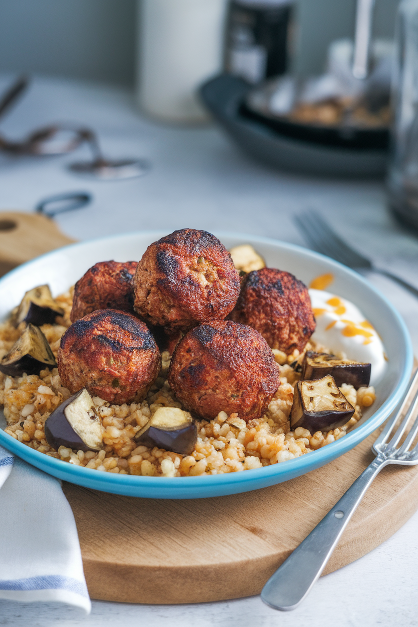 Indoor photo of small grilled köfte meatballs on top of bulgur pilaf with roasted eggplant cubes and a drizzle of garlic yogurt sauce. No text or logos.