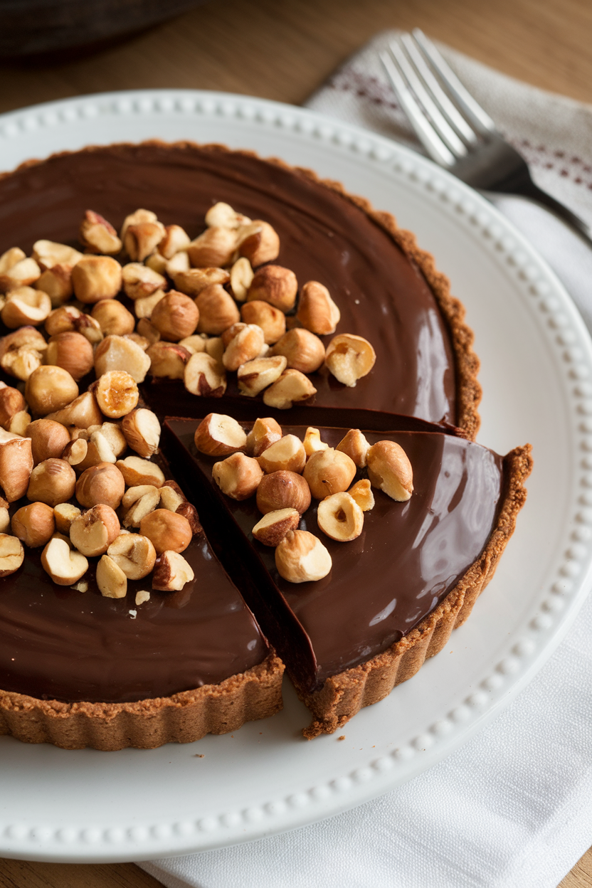 Indoor photo of a glossy chocolate tart topped with chopped toasted hazelnuts, sliced to reveal crisp crust. No text or logos.