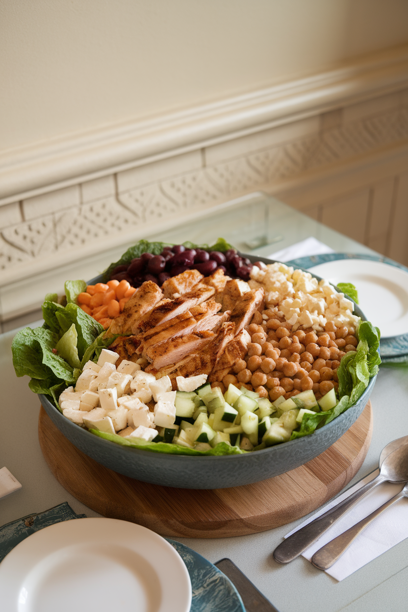 An indoor dining table with a large bowl of chopped romaine, grilled chicken strips, chickpeas, olives, cucumber, and feta. No logos or text; photo only.