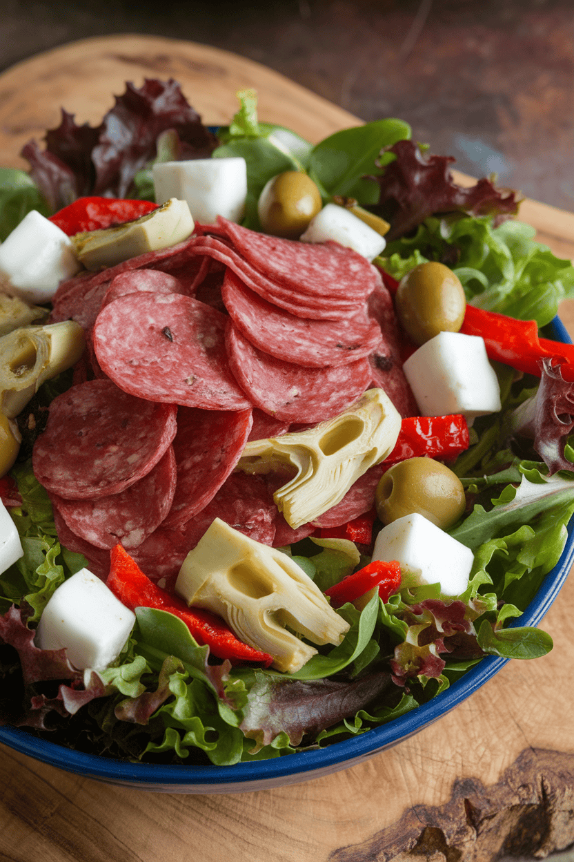 Indoor photo of mixed greens topped with cooked salami slices, marinated artichokes, olives, mozzarella cubes, and roasted red peppers; no text or logos.