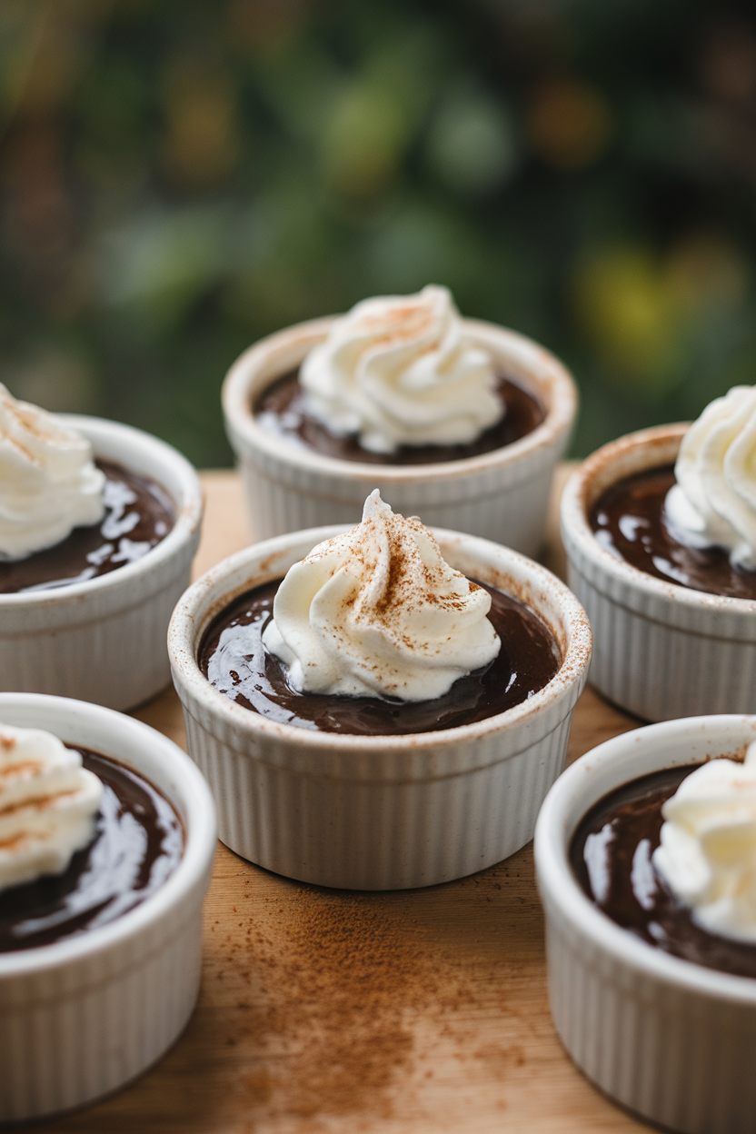 Indoor photo of small ramekins filled with glossy dark chocolate custard, topped with a pinch of cinnamon and a dollop of whipped cream. No text or logos.