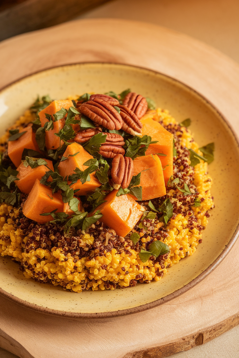 Indoor photo of a colorful quinoa base topped with maple-glazed sweet potato cubes, chopped parsley, and toasted pecans on a rustic platter; no text or logos.