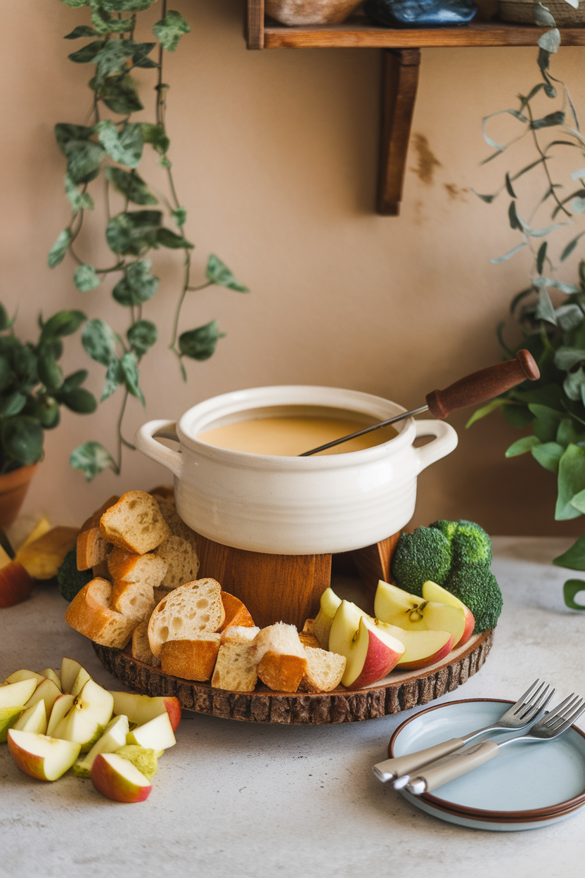 Indoor fondue display featuring a ceramic pot of melted white cheddar apple cider fondue, with cubed baguette, steamed broccoli, and apple chunks surrounding. No text or logos. Photo only.