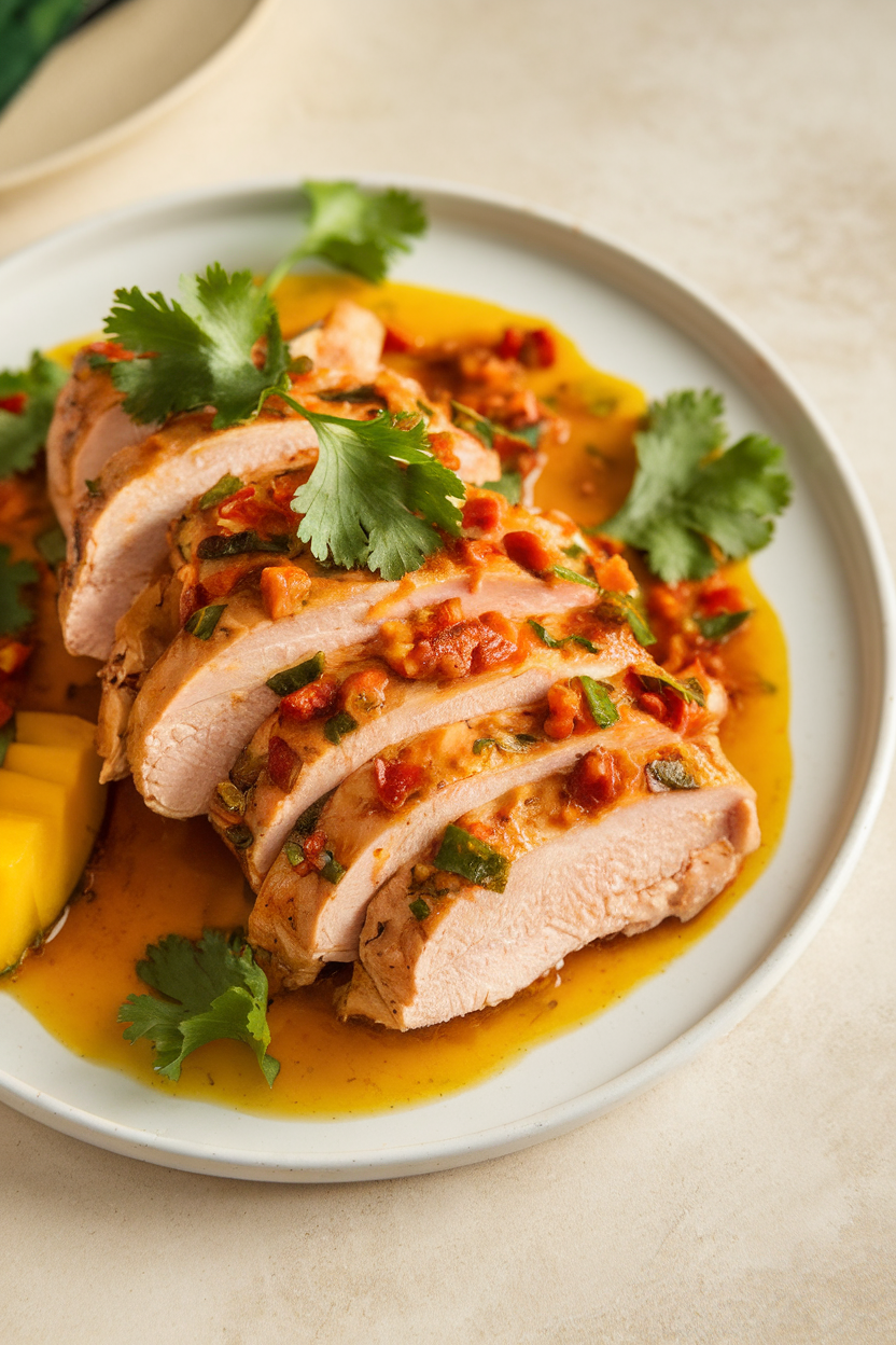 Indoor photo of sliced chicken tossed in garlic mango chili sauce with cilantro garnish; bright modern light, no text or logos