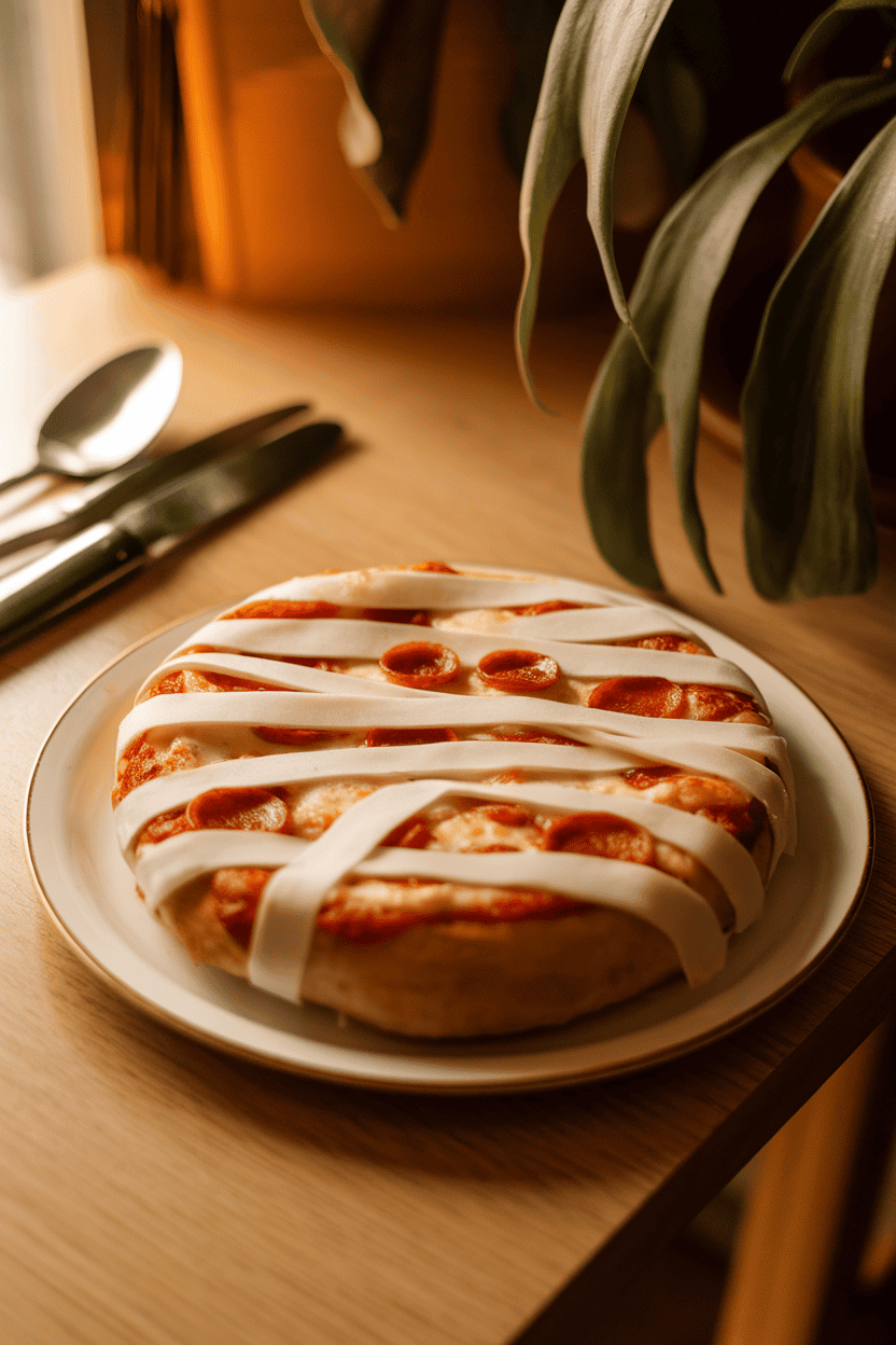 A warmly lit indoor table featuring spiral pizza pinwheels wrapped in mozzarella strips to resemble mummies, tiny pepperoni “eyes” peeking through. No text or logos.