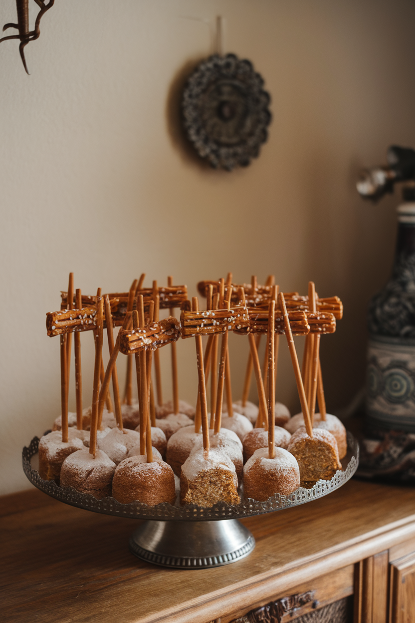Indoor photo of small almond tea cakes on pretzel stick “handles” arranged like broomsticks on a platter. No text or logos.