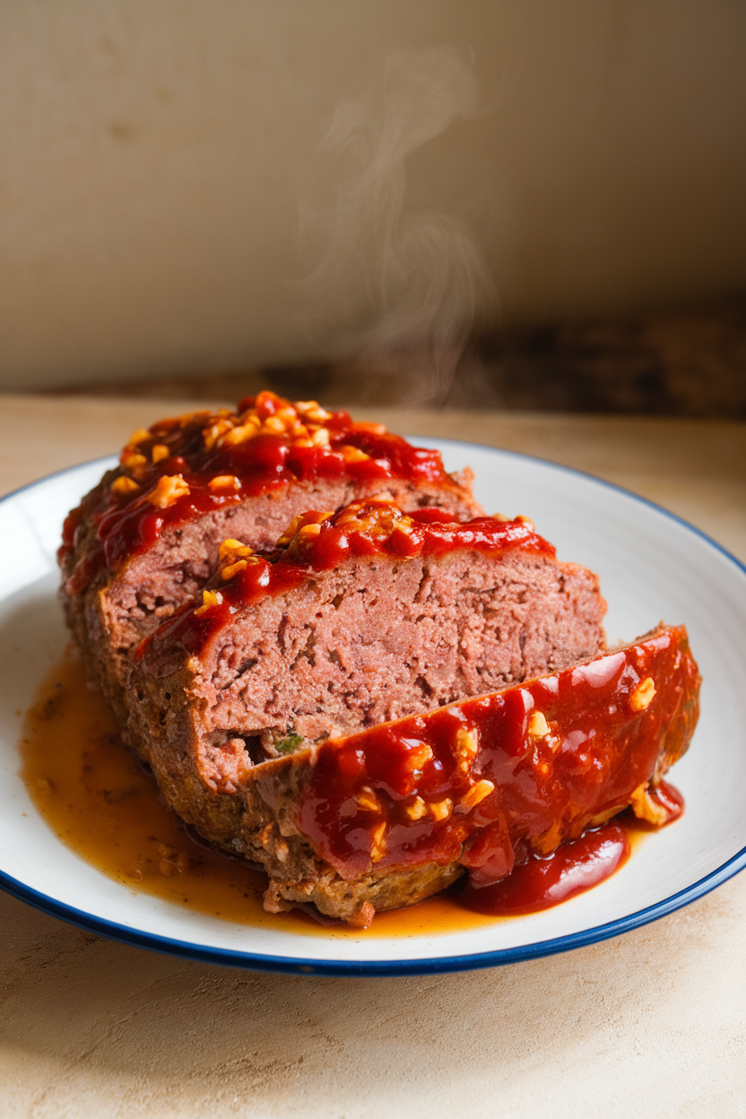 Indoor photo of meatloaf slices glazed with spicy ketchup-sriracha topping, steam rising, no text or logos. Photograph, not illustration.