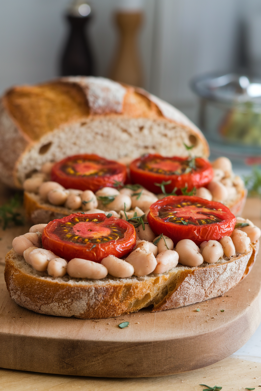 Photo of crusty bread topped with smashed white beans and slow-roasted tomato halves, photographed indoors on a wooden board. No text or logos anywhere.