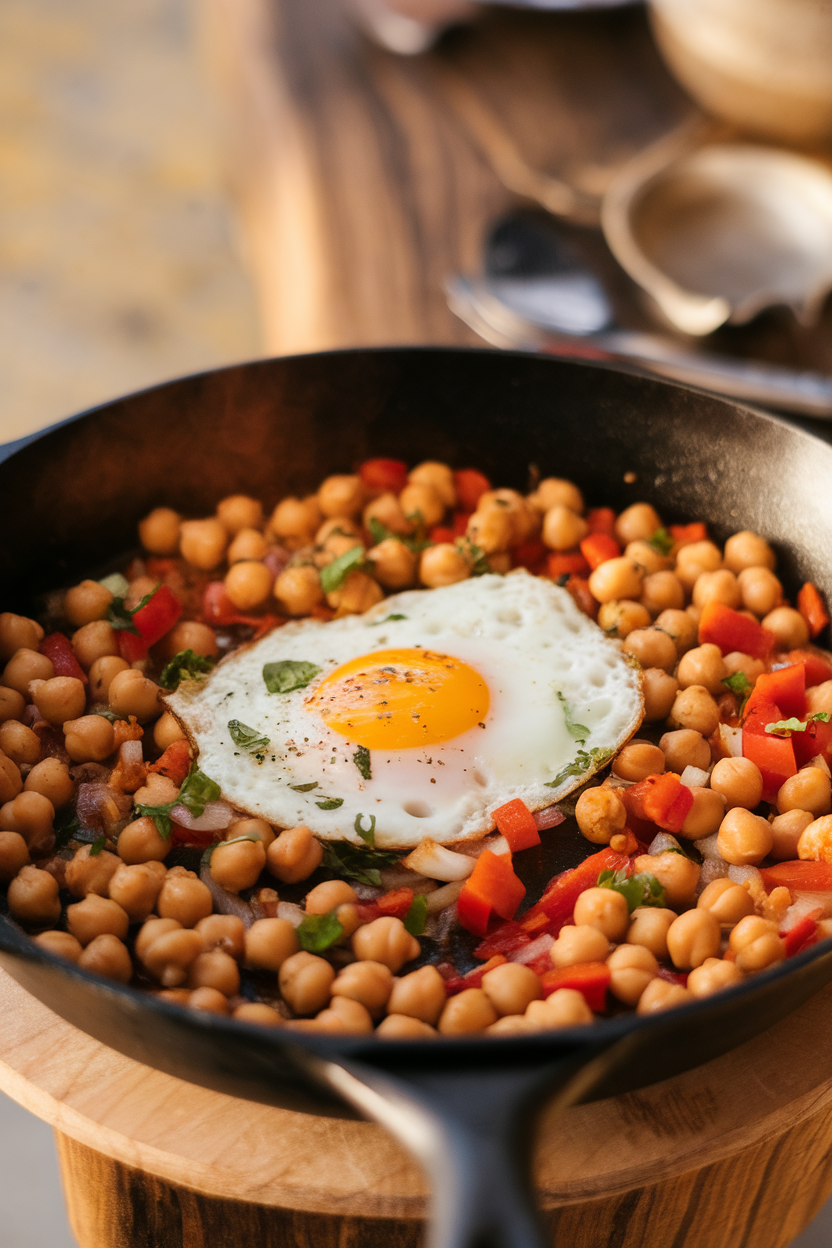 Photo of a skillet filled with sautéed chickpeas, diced red peppers, onions, and a sunny-side-up egg, photographed indoors with warm lighting. No text or logos.