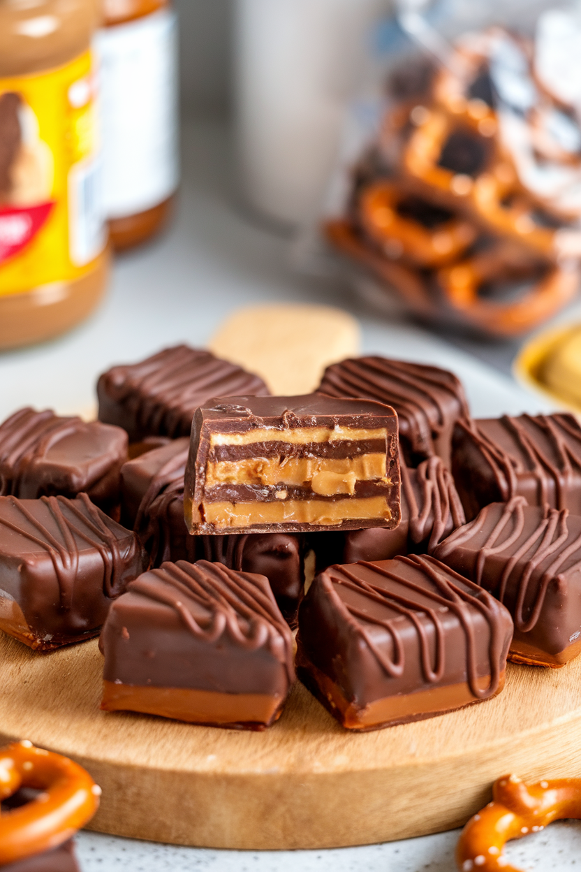 Photo of indoor cutting board with pretzel-caramel-peanut butter chocolate bites, cross-section visible to show layers, no logos