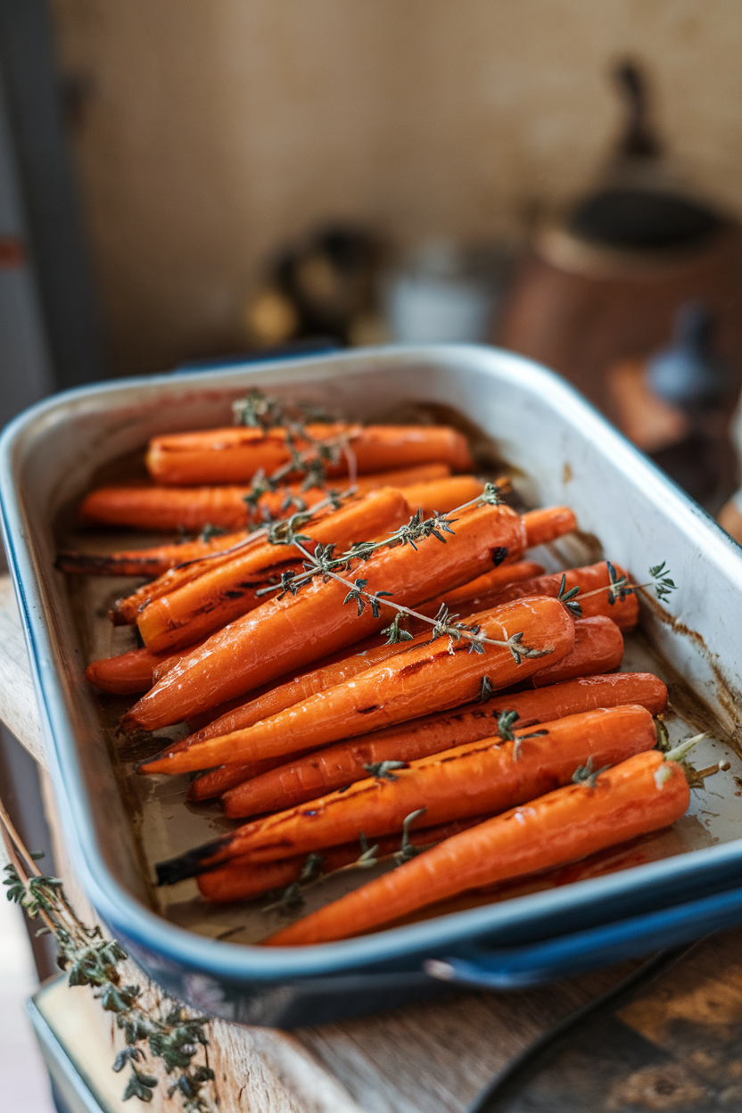 A shallow indoor dish of roasted carrot sticks glazed with honey and thyme leaves, slight char marks visible. No text or logos. Photo only.