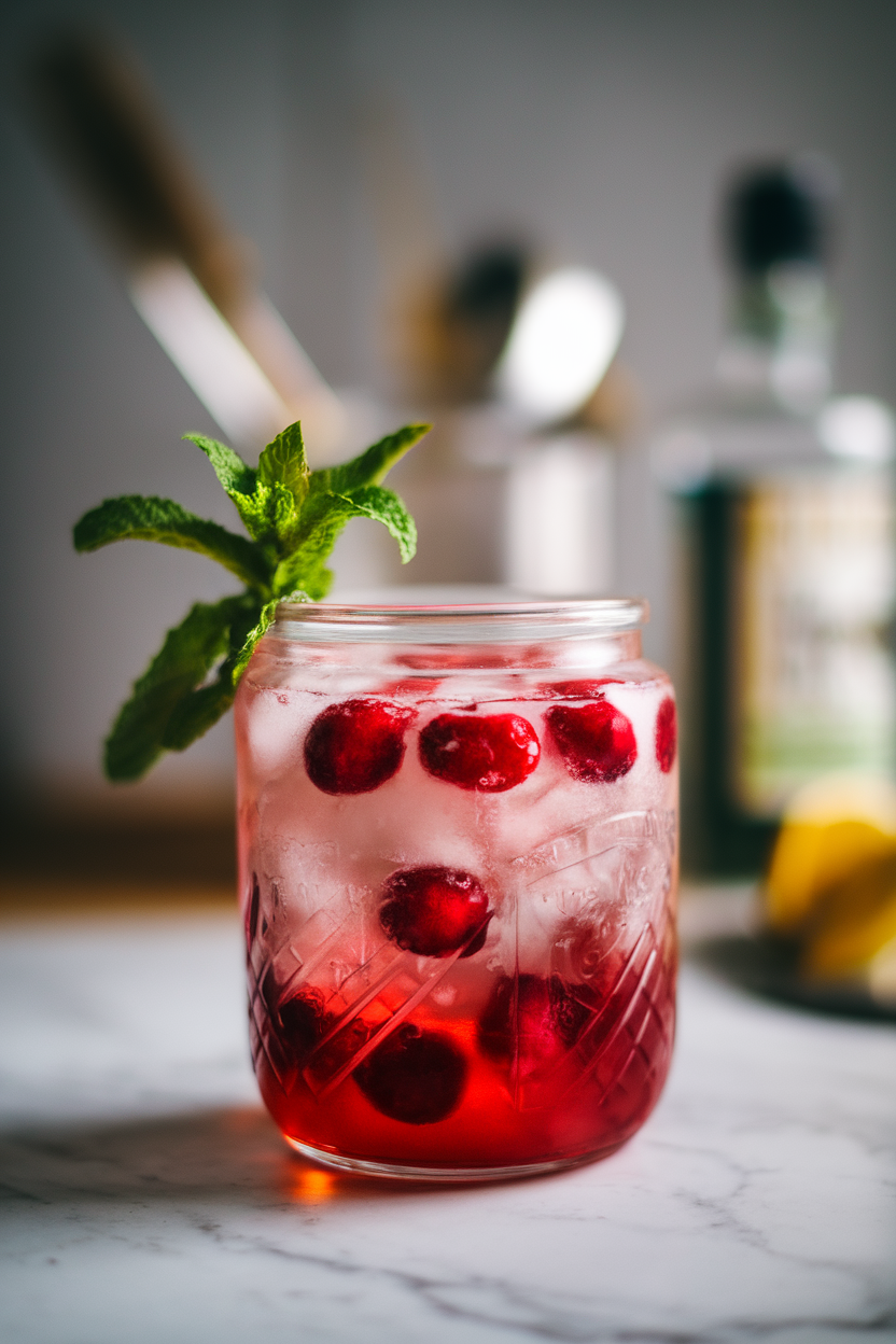 Photo of a rocks glass indoors, jam-jar style, packed with ice and muddled cranberries, gin smash liquid glowing ruby red, mint sprig garnish. No text or logos.