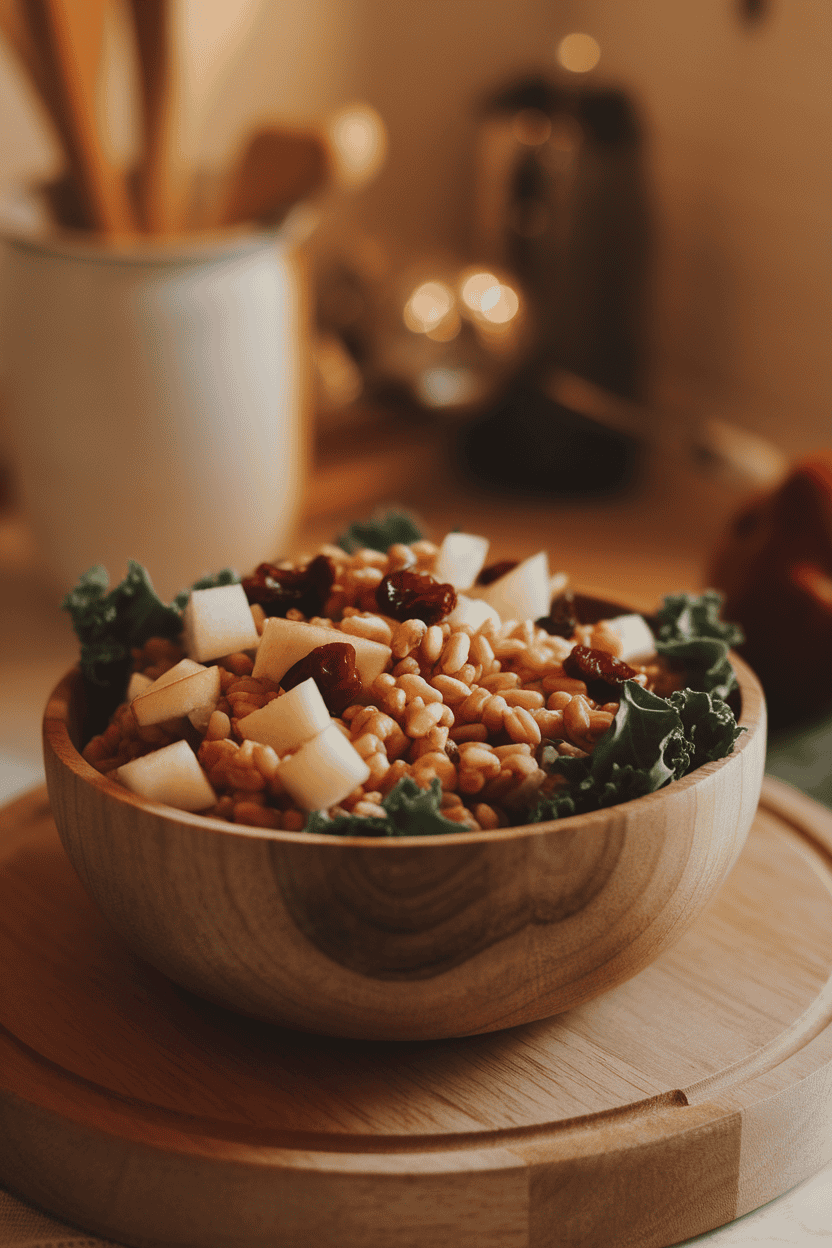 Cozy indoor shot of wheat berries mixed with diced apples, dried cherries, and kale ribbons in a wooden bowl; no text or logos.