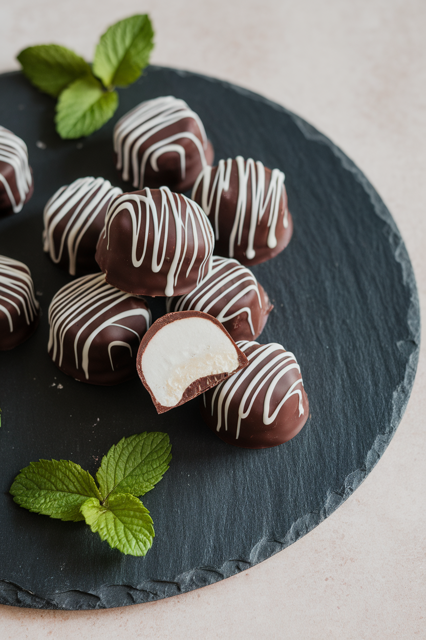 Photo of indoor slate plate with dark-chocolate-covered peppermint rounds, one cut to reveal white center, no text or logos